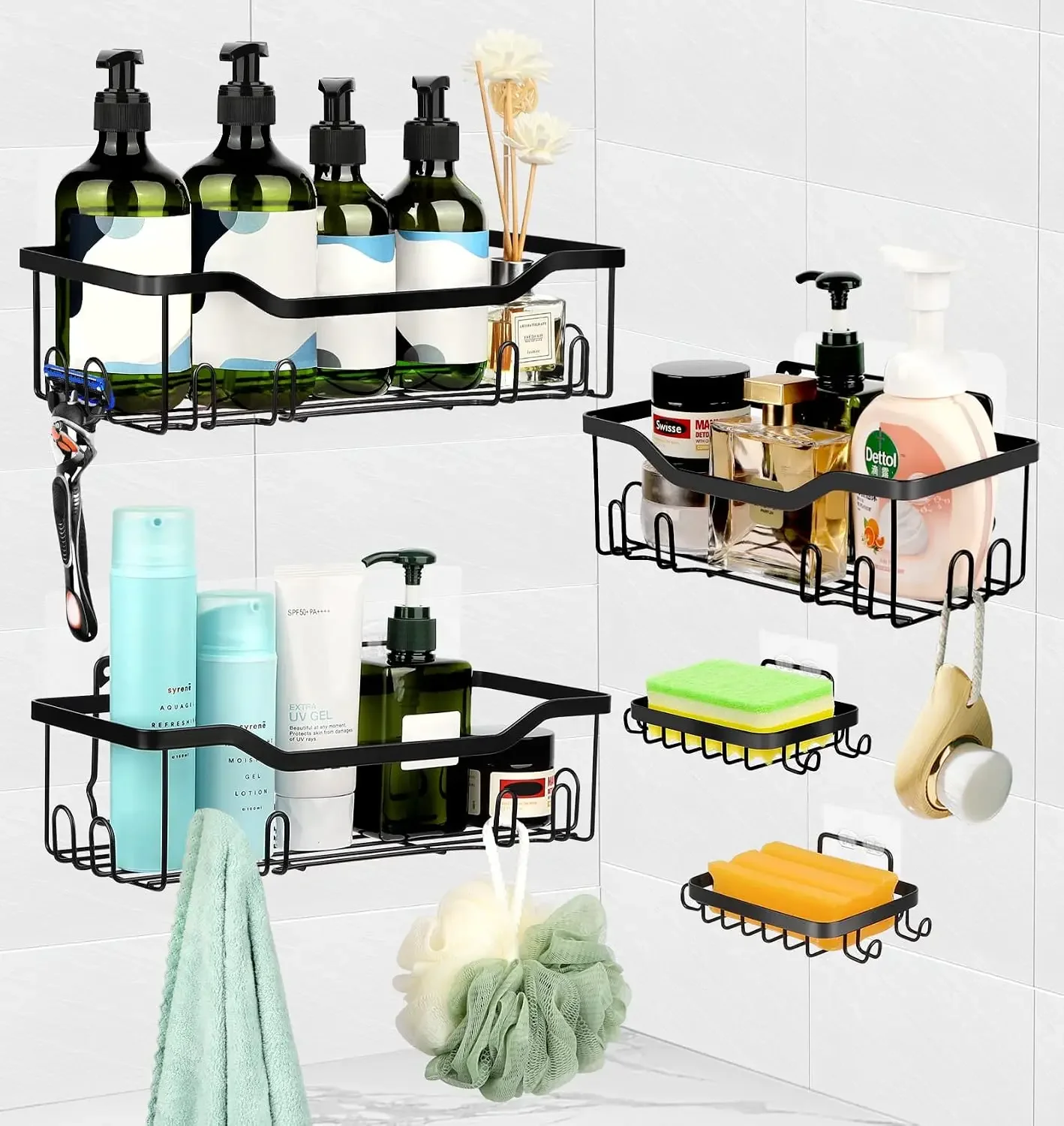 Shower Caddy Sheves,[ 5 Pack ]Bathroom Shelf Organizer with Soap Holder,No Drilling Adhesive SUS 304 Stainless Steel Rustproof S