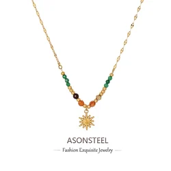 ASONSTEEL Stainless Steel Natural Stone Beads Sun Pendant Necklace Gold Plated Waterproof Metal Texture Women Jewelry Fashion