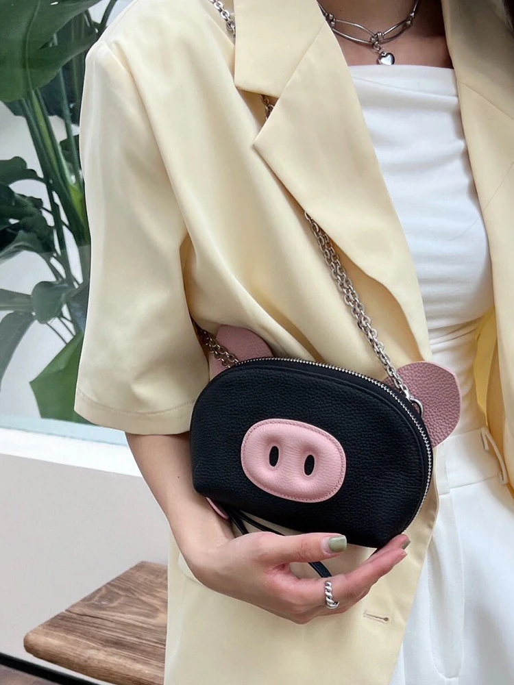 New Genuine Cow Leather Cute Animal Piggy Shell Clutch Shoulder Bag Real Leather Adorable Piglet Crossbody Bag Fashion Wristlet