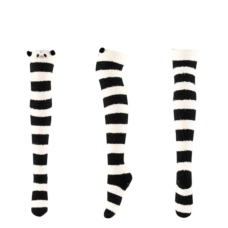 หนากว่าถุงเท้าเข่าผู้หญิง Striped ต้นขาสูงถุงเท้าน่ารัก Kawaii Panda Fox ถุงน่องผู้หญิงอุ่นผ้าขนหนูถุงเท้า