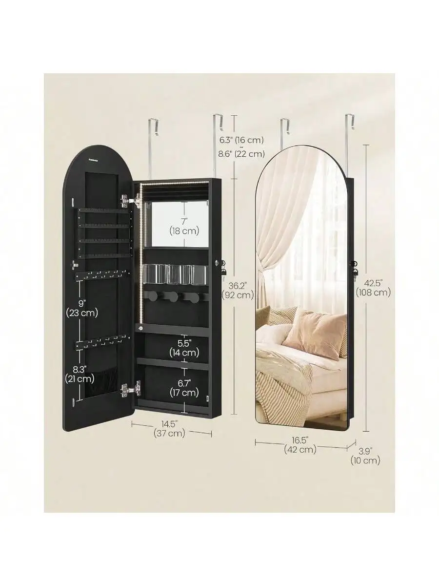 SONGMICS Wide Jewelry Organizer, LED Jewelry Cabinet Wall/Door Mounted, Arched Mirror with Storage, Lockable, Rounded Corner