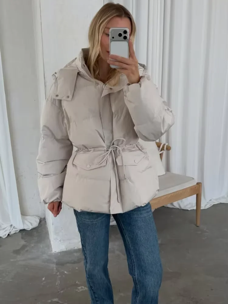 Women Hooded Drawstring Waist Puffer Coat Detachable Hood Zip Up Pocket Loose Padded Jacket 2026 Winter Casual Cotton Coats