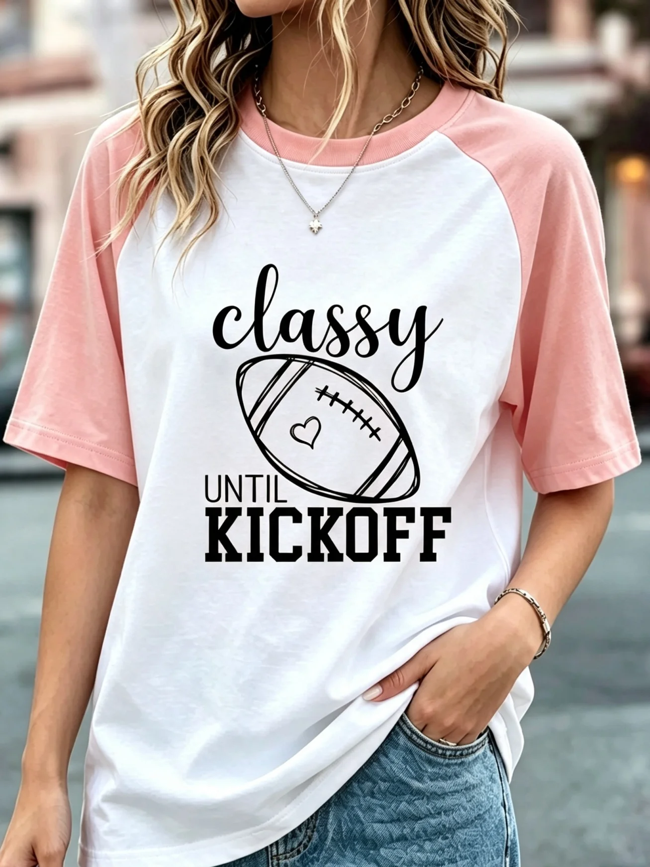 Classy Until Kickoff Line Art Football Graphic Raglan T‑Shirt, Women Color Block Short Sleeve Game Day Baseball Tee