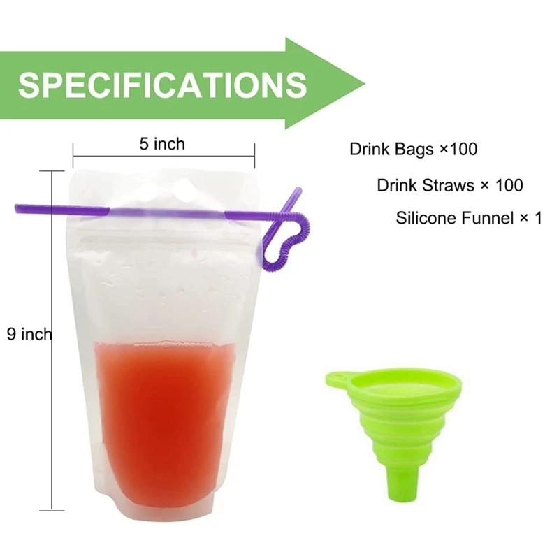 LUDA 100Pcs Drink Pouches With Straw Stand-Up Juice Pouches Bags, Reclosable Zipper Smoothie Bags With 1 Silicone Funnel