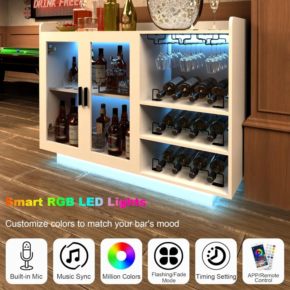 Weinbarschrank mit LED-Leuchten, 47er moderner weißer Spirituosenschrank für Zuhause mit großem Stauraum, Weinregalen und Glashol