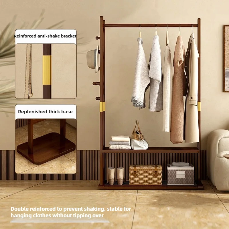 Bamboo Clothes Rack Heavy-Duty Clothes Hanger Space-Saving Coat Bag Hat Organizer Bedroom Storage