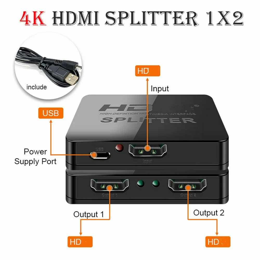 1x2 4K HDMI-compatible Splitter Switch 1 in 2 Out Video Distributor Amplifier Dual Display for Box PC Monitor Projector Laptop