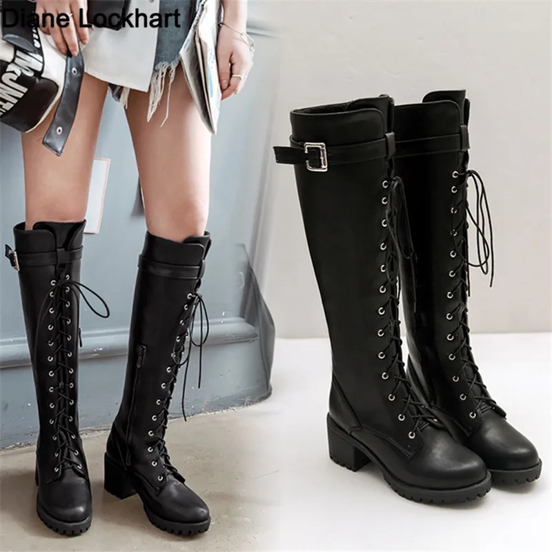 2024 Hot Sale Spring Autumn Lacing Knee High Boots Women Fashion Square Heel Belt Buckle Ladies Leather Shoes Winter Size 34-44