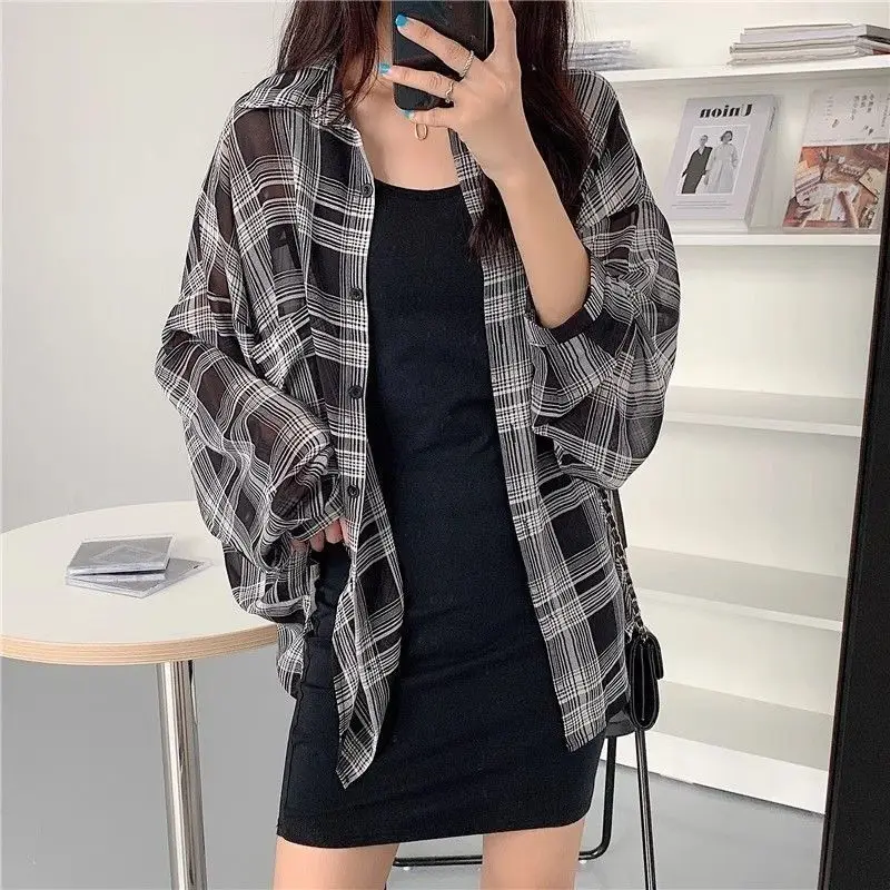 Plaid Shirt for Women Spring Autumn New Thin Model Long Sleeve Polo Neck Loose Youth Sunscreen Top Trend Street Casual Blouse