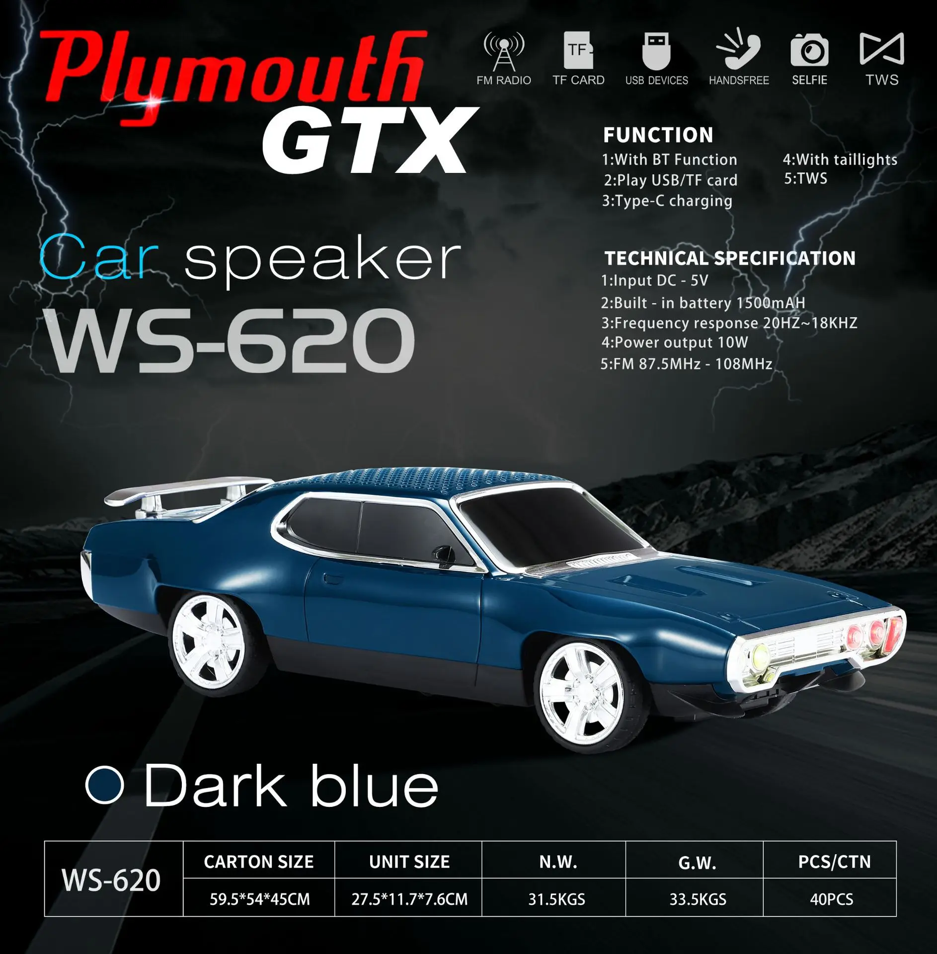 

WS-620 Car Model Bluetooth Speakers,BT5.4 Wireless Speaker with 5W*2 Stereo Sound,Super Bass,FM Radio,TWS,TF/USB,Handsfree Call