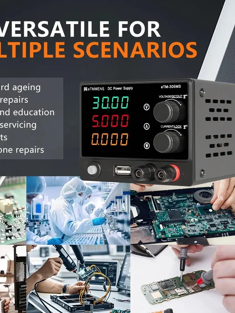 مصدر طاقة تيار مستمر قابل للتعديل من 0 إلى 30 فولت، 0 إلى 5 أمبير. تعرض LED مكونة من 4 أرقام والتيار والجهد القابل للتعديل. جهاز تشفير ثابت بقدرة 150 وات #5