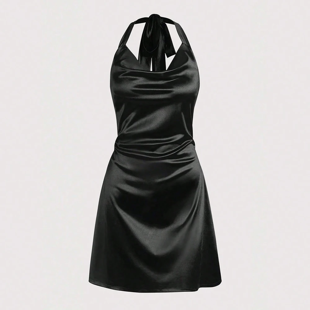 Mini abito da donna in raso con scollo all'americana Abiti da cocktail da festa in seta con scollo ad anello sexy in poliestere La scelta migliore per l'estate