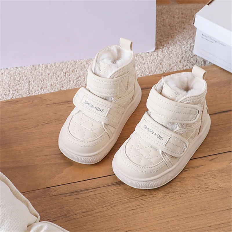 2023 New Winter Baby Boots Leather Double Hook&Loop Toddler Kids Shoes Warm Plush Non-slip Fashion Little Boys Girls Snow Boots