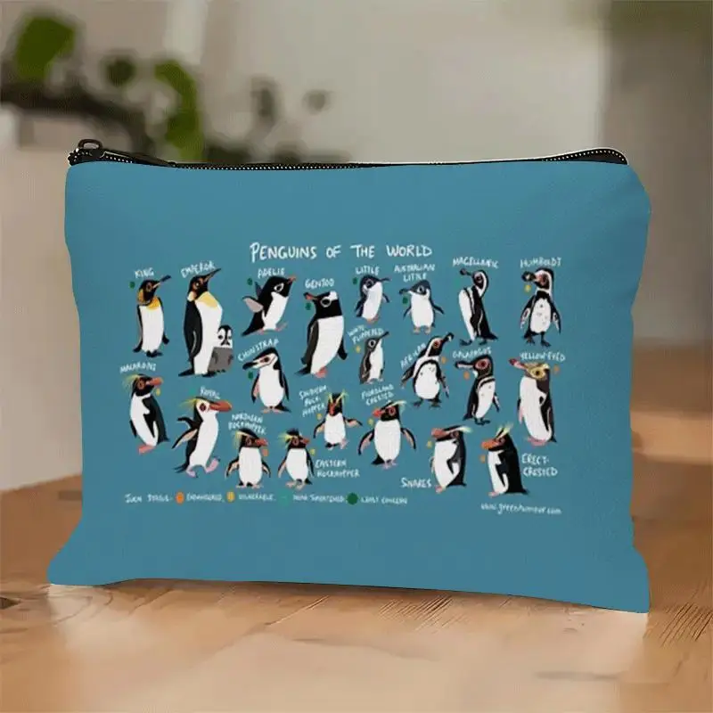 Un sac de maquillage à motifs pingouin – jolie pochette multifonctionnelle à fermeture éclair pour femmes, sac de rangement de bijoux