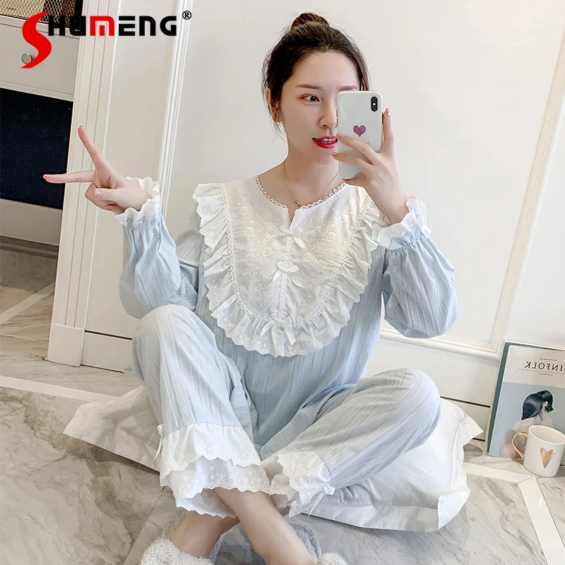 

Women Lace Princess Court Style Cute Pajamas Japanese Sweet Girl Spring Autumn Loungewear Pure Cotton Gauze Homewear Set
