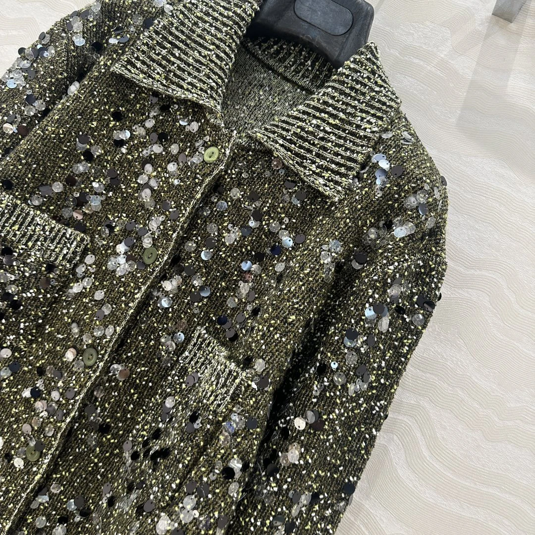 New luxury sequin embroidered knitted cardigan women\'s spring clothing elegant lapel single breasted long sleeved sweater coat