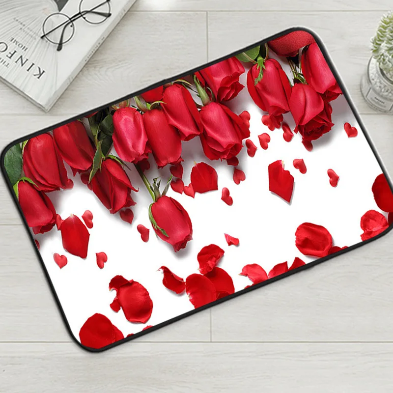 3D Print Flowers Bath Curtain Waterproof Fabric Romantic Red Rose Shower Curtain Love Heart for Valentine\'s Day Bathroom Decor