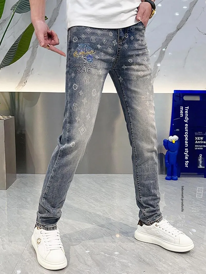 

High Waist Slim Fit Printed Jeans Men's Faionable Versatile Long Pants Spring Summer New Arrival Breathable Comfortable