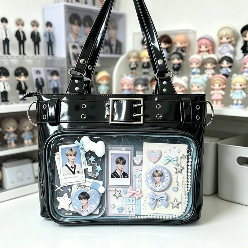 Fashion Rivet Decor Ita Bag Clear Window Shoulder Tote Bag Hidden Layer Crossbody Handbag Adjustable Wide Strap Casual Purse