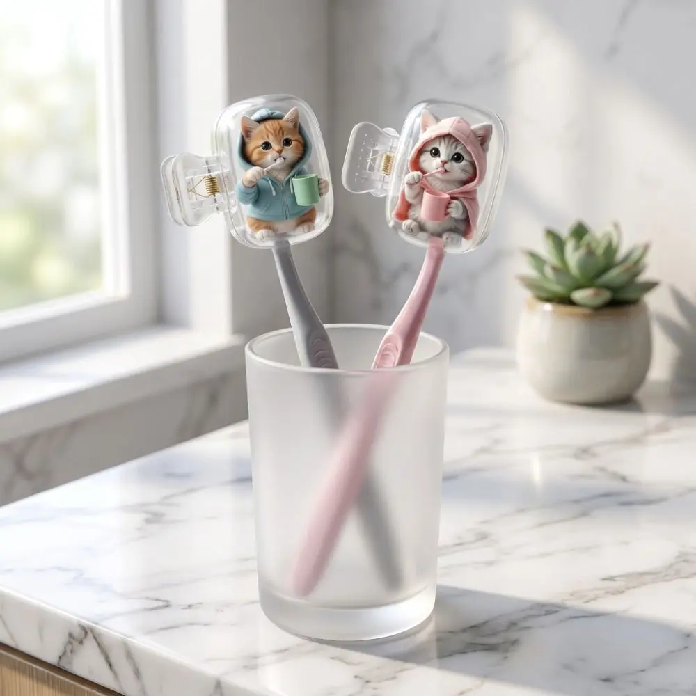 2pcs Portable Toothbrush Head Cover Kitten Dog Printed Waterproof Cat Toothbrush Cover Transparent Dust-proof Toothbrush Holder