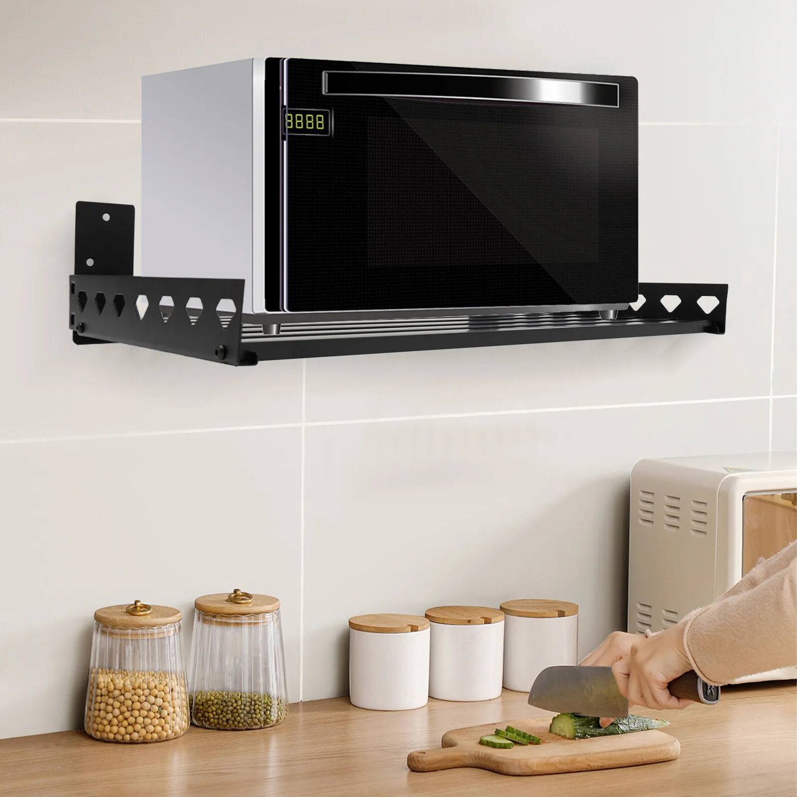 

Microwave Oven Bracket Shelf Kitchen Storage Rack Wall Mount with 4 Hooks for Organizing