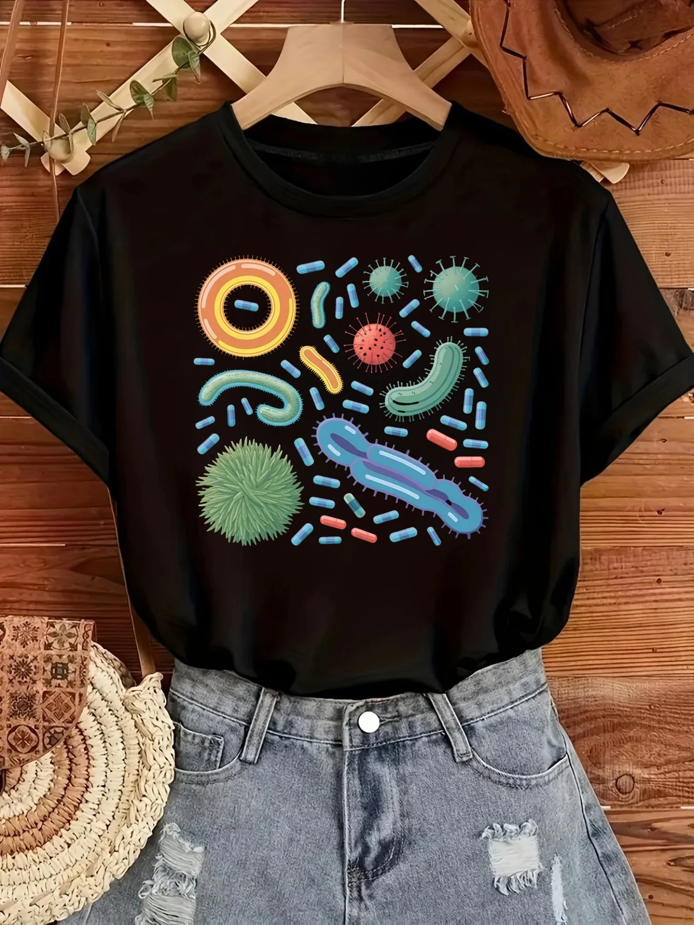 Estampado com padrões vívidos de microorganismos e bactérias, tops femininos, roupas de férias e roupas de preenchimento