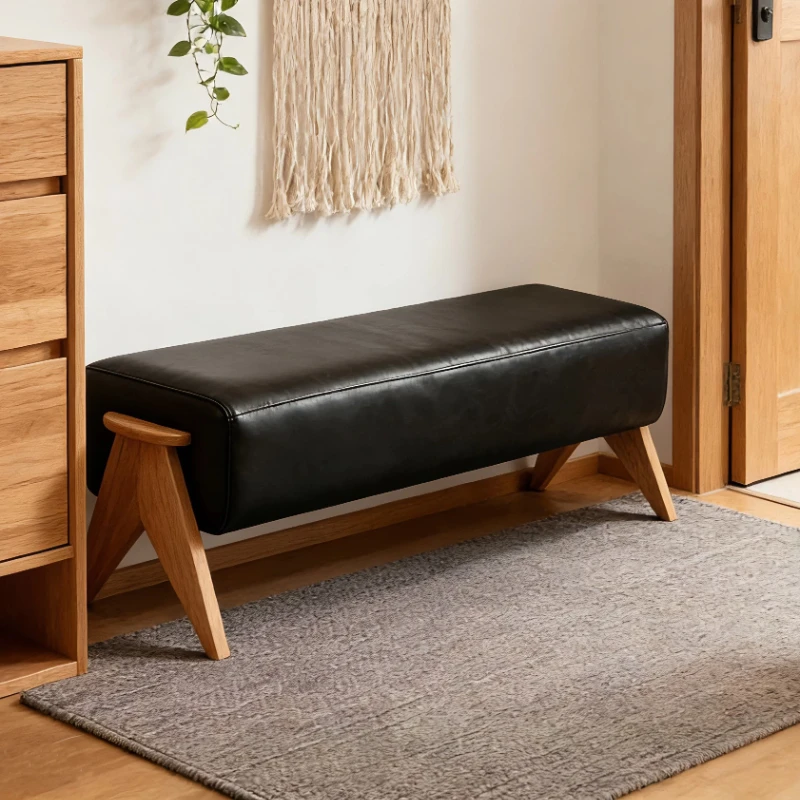 Mid-Century Modern Solid Wood Bench High-end Home Shoe Changing Stool Minimalist Upholstered Stool Entryway Or Bedroom Bench