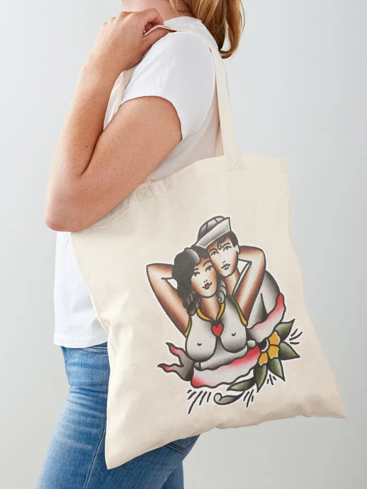 Traditional Sailor Lovers Tattoo Design Tote Bag shopping cart bags canvas tote bag custom tote bag shopper woman