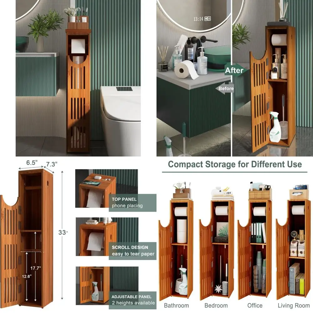 

Bathroom Storage Cabinet with Toilet Paper Holder, Bamboo Design, Compact Storage for Small Spaces
