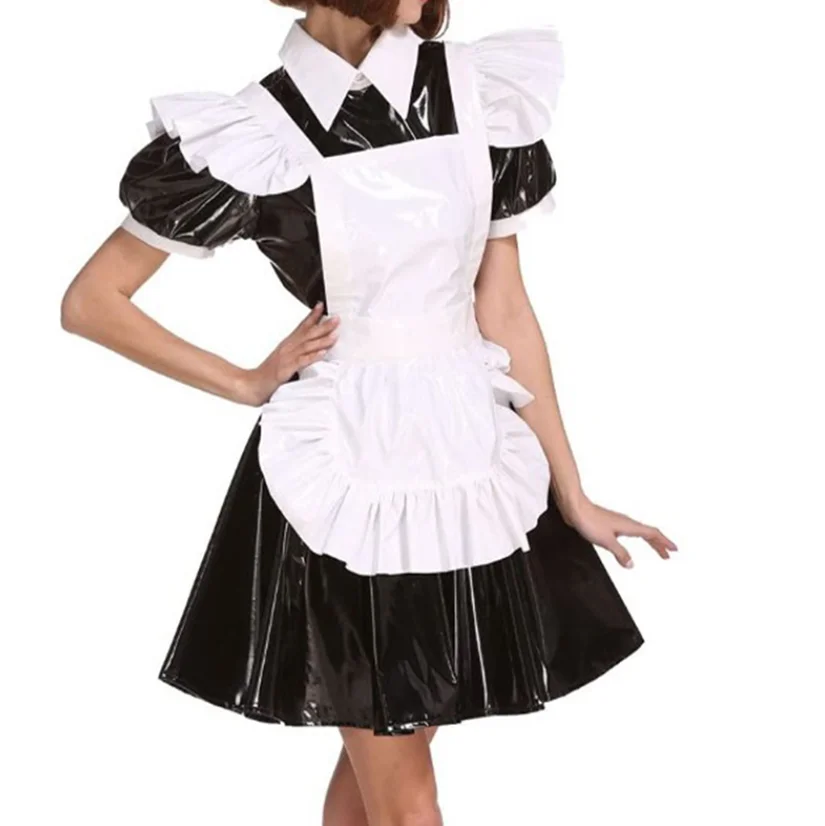 La migliore vendita Sissy Black PVC Lovely Lolita Maid Clothes French Maid CD / TV Girl giochi di ruolo i vestiti possono essere personalizzati