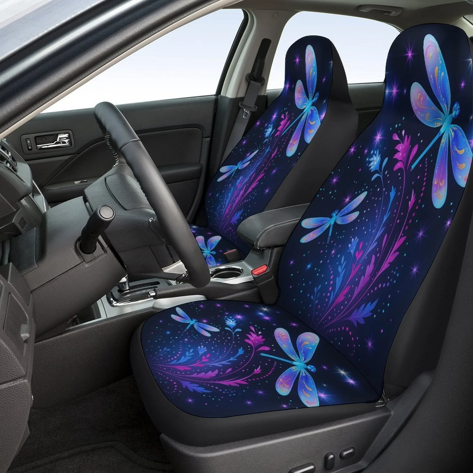 Starry Night Dragonflies Designed Car Seat Cover Set For Most Cars, Trendy Advanced High-quality Car Seat Protector Covers Full