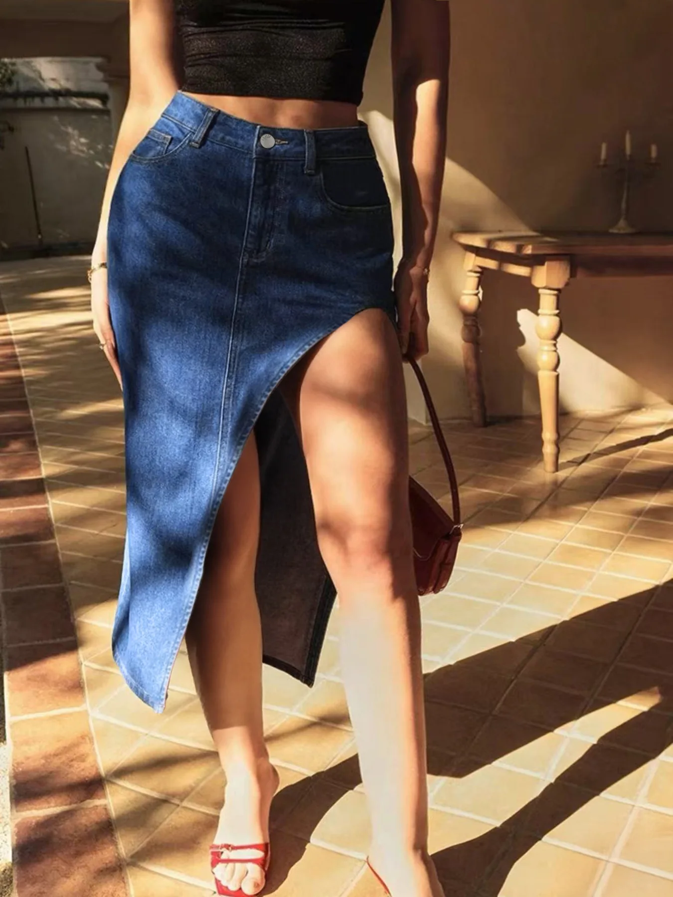 Women Denim Skirts Mid Length Skirt A Line High Waist Slim Fit Hip Wrap Button Elegant Splice Y2k Streetwear Work 2026 Summer