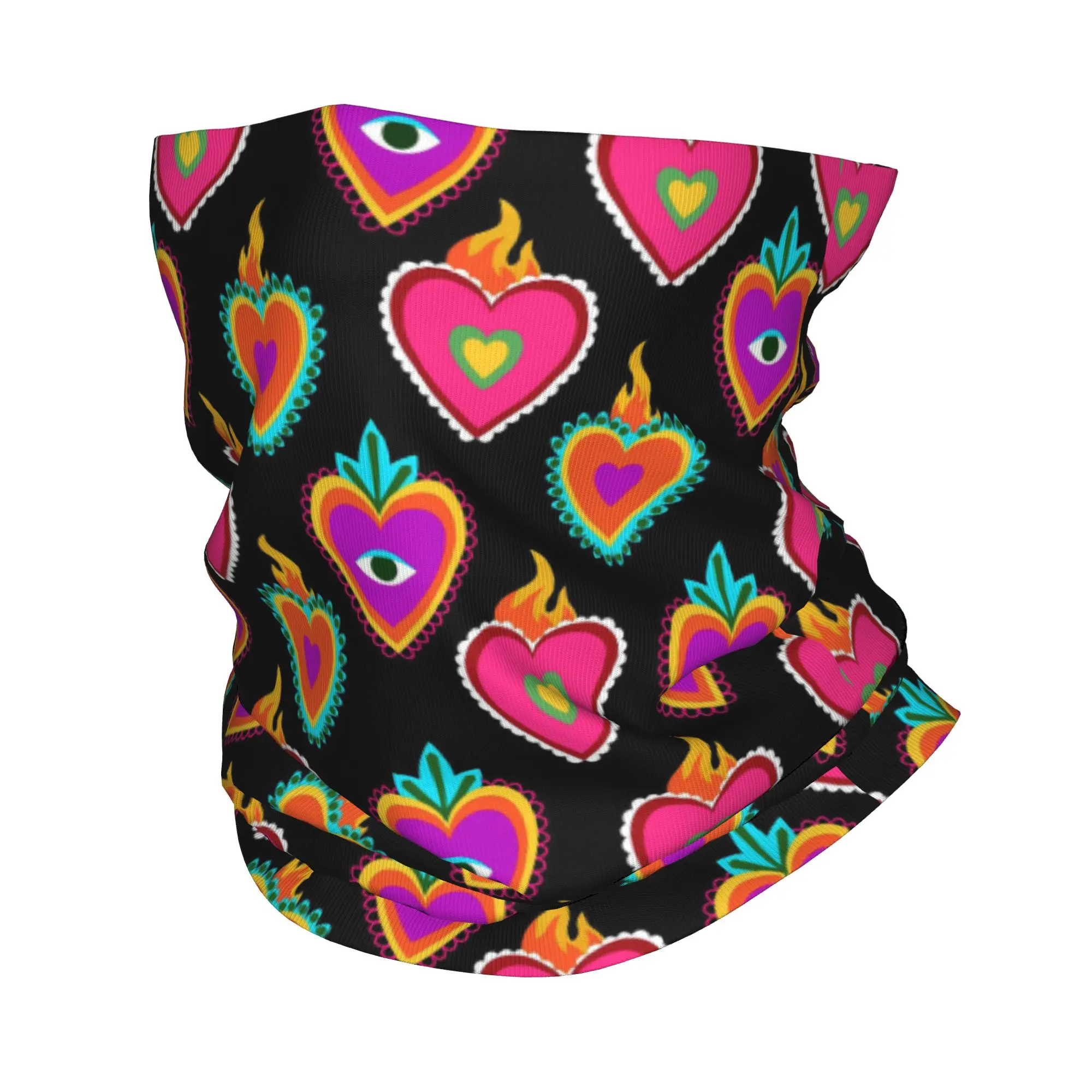 Retro Mexican Heart Milagro pattern Bandana Neck Gaiter Printed Magic Scarf Warm Face Mask Hiking Fishing For Men Women Adult