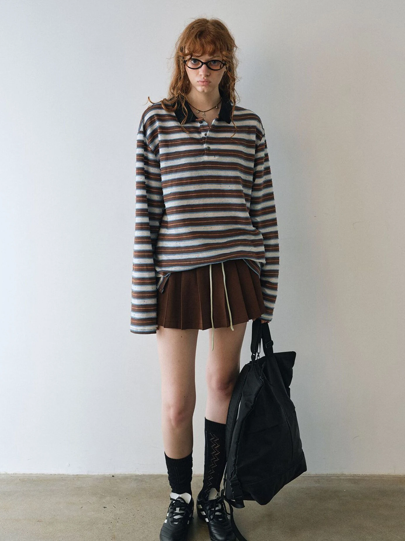 American Retro Striped  Collar Long Sleeve T-Shirt Women's Spring Autumn Loose Flip Collar Mid-Length Casual Top