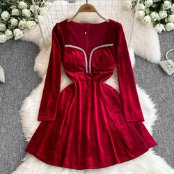 Elegant Square Neck Vintage Long Sleeve Chic Mesh Spliced Sequins Slim A-line Velvet Dress Autumn Women Fashion Ceremonial Dress