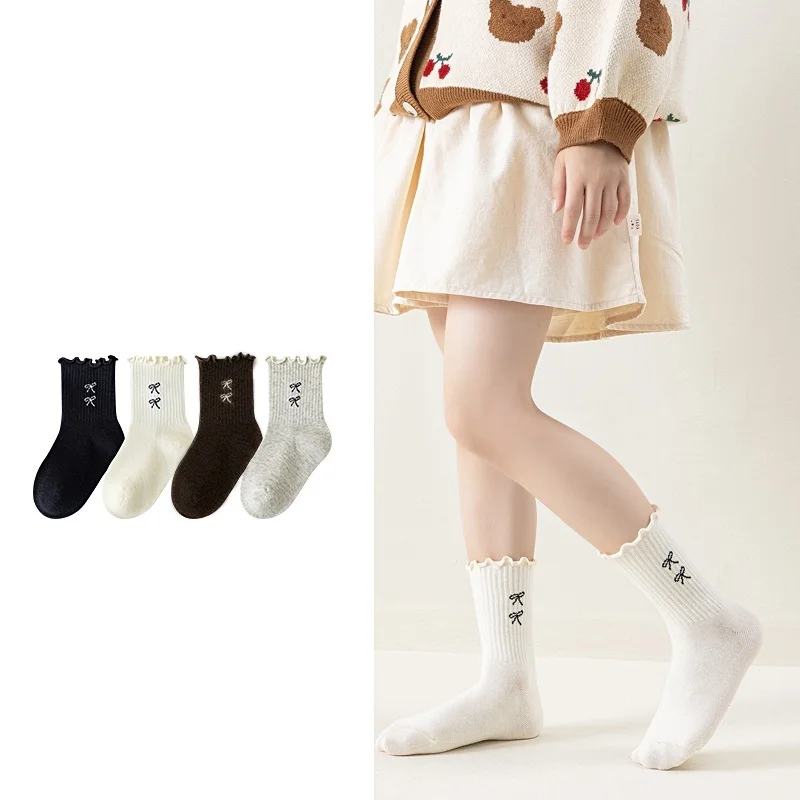 4 Pairs/lot Children's Girls Socks Ruffled Sweet Bow Mid-tube Socks For Girls Solid Versatile Kids Student Sock Spring Autumn