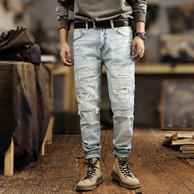 

Jns128 American tide light-coloured broken hole jeans men's new Slim small leg trousers elastic grinding white trousers high-end