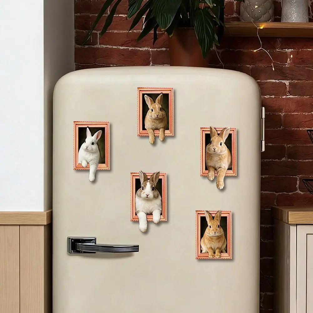 Oil Painting Style 3D Rabbit Refrigerator Magnets Bunny Art Print Vintage Wooden Frame Fridge Magnets Funny Photo Holder Magnet