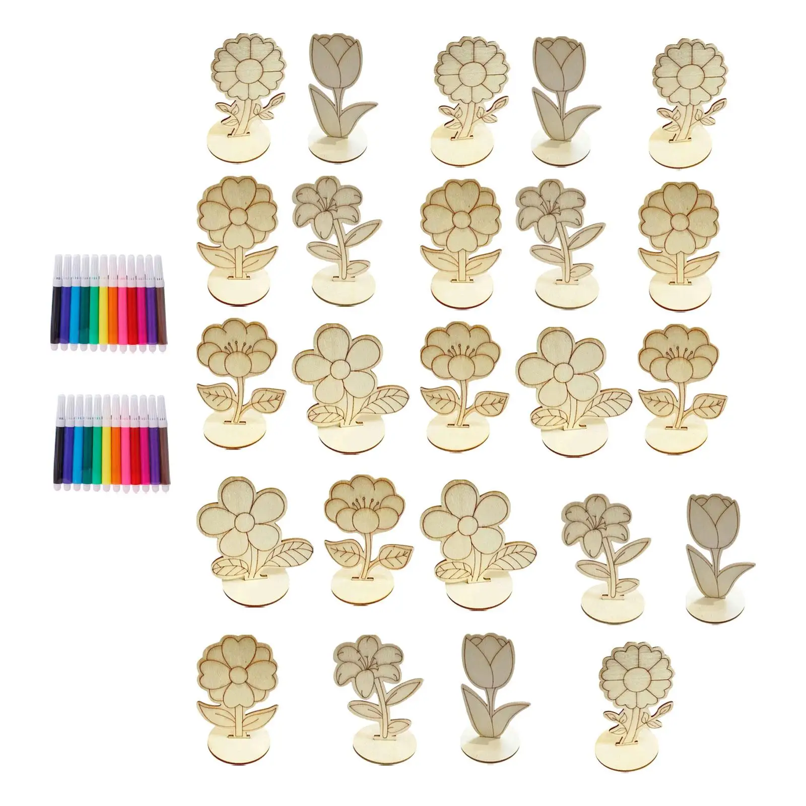 

24 Pieces Wooden Flowers Paintable Decoration Wooden Flower Stand Adults
