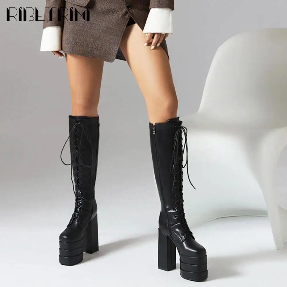 Cool Women Motorcycle Boots High Heeled Knee High Sassy Platform Shoes Lace Up Zip Luxury Designer Brand Winter Street Booties