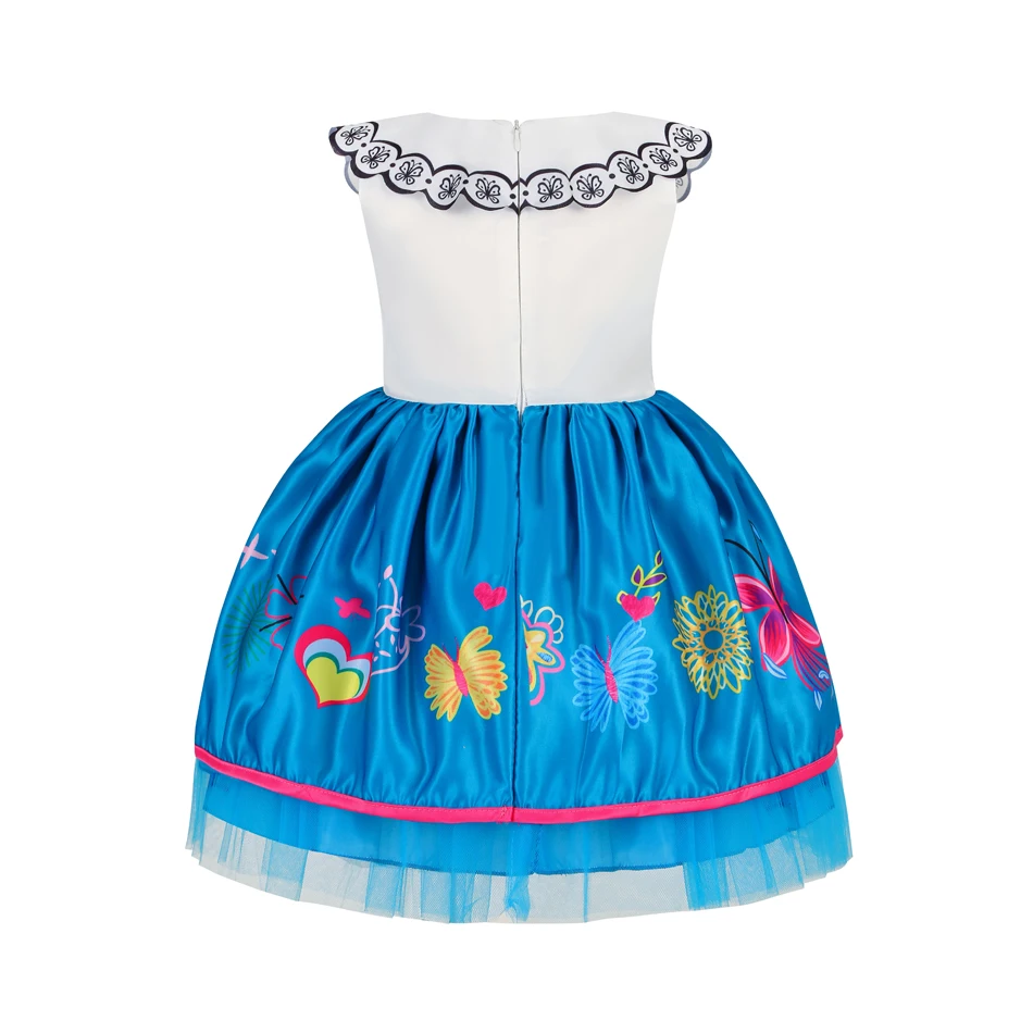 Mirabel-Kleid für Mädchen, ärmellos, Spitzenkragen, bunter Blumendruck, Tüll-Partykleid für Fiesta, Karneval, Geburtstag, Auftritt – Detail 4