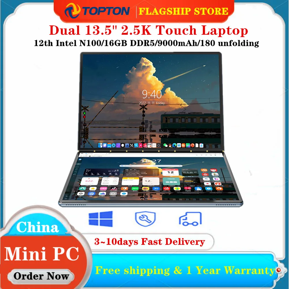 Topton 노트북 요가 태블릿 PC, 13.5 인치, L13 12 세대, 인텔 N100 2 스크린, 듀얼 2.5K 터치 IPS, 16G DDR5, 윈도우 11 노트북, 2 인 1 
