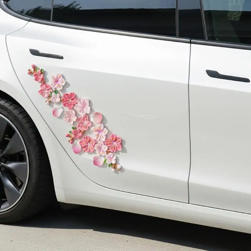 16PCS 3D  Flower Car Sticker Set Rear Scratch Cover Car Body Ornament Pink Design for Girls