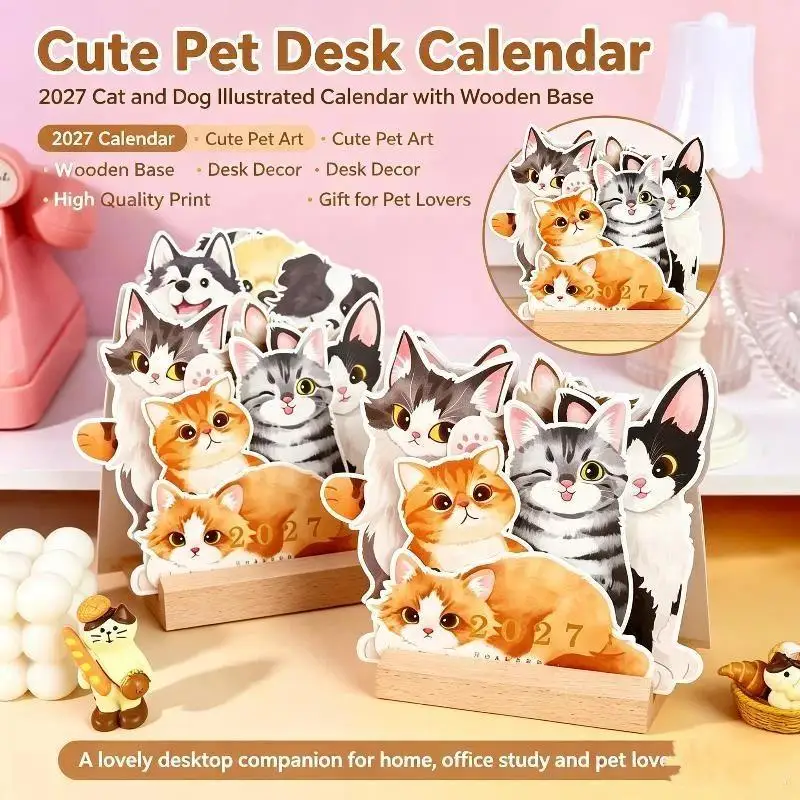 〔CCA13〕2027 Cute Cat Dog Desk Calendar Table Planner Yearly Organizer Memo Notes For Home Office School Daily Schedule
