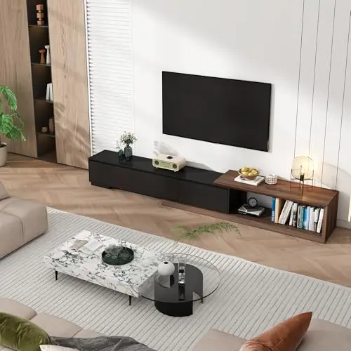 Extendable TV Stand with 3 Drawers, Modern Minimalist Entertainment Center, Reversible Long TV Media Console, Bevel