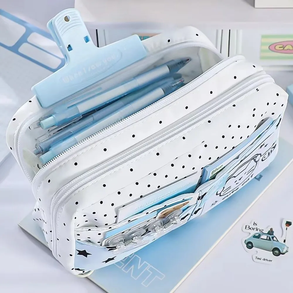 Creative Cat Pattern Pencil Case Blue Polka Dot Large Capacity Pencil Bag Cute Multi-Layer Stationery Bag Office