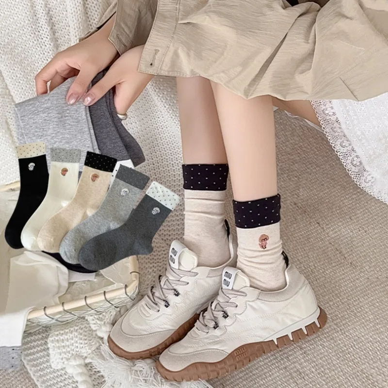 Polka Dot Women Socks Bow Puppy Embroidery Japanese Kawaii Cartoon Cute Socks Korean Color Matching Cotton Medium Tube Socks Sox