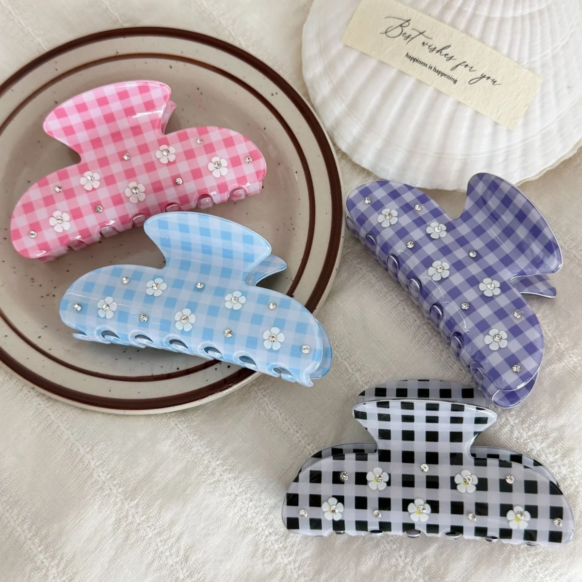 Pince à cheveux tendance en acétate à carreaux et strass floraux de 8,5 cm pour femmes et filles – Accessoire capillaire mignon et élégant