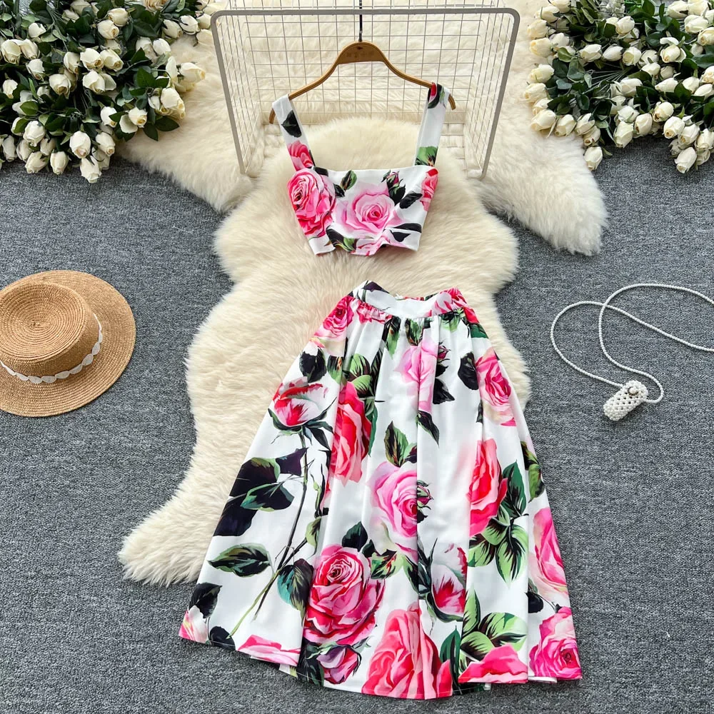 

Vintage Print Slip square neck Dress Sexy Elegant Beach Vacation Women Summer Sleeveless Fashion Two Piece Set