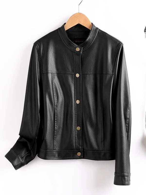 Kurtka motocyklowa damska ze skóry naturalnej na wiosnę 2025, skóra bydlęca, krój regularny, dojazdy do pracy, długa, okrągły dekolt, pojedyncza...